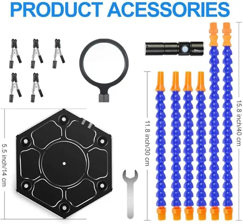 Miniatura 7 de Tornillo de tercera mano con 6 brazos flexibles, linterna LED, base de aluminio para soldar, ensamblar, reparar, modelar, pasatiempos, manualidades