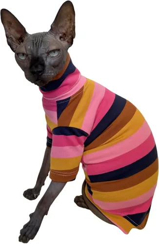 Miniatura 5 de Camisa de algodón con cuello redondo para gatos sin pelo Sphynx de rayas vintage, ropa para mascotas con mangas, camisetas para gatitos para Sphynx