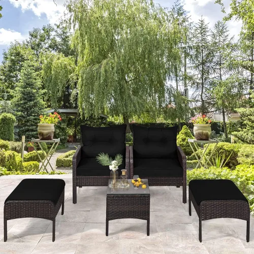 Miniatura 4 de HAPPYGRILL Juego de muebles de patio de 5 piezas para exteriores, juego de conversación de mimbre de ratán con mesa auxiliar, sofás acolchados