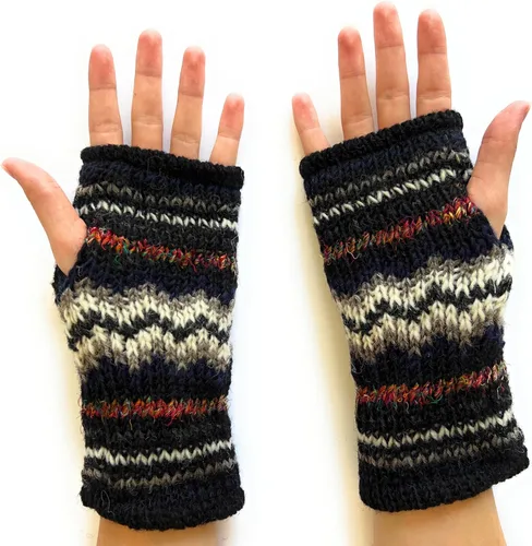 Miniatura 3 de Guantes de invierno a rayas de punto a mano sin dedos con forro polar de lana cálida, Guantes sin dedos