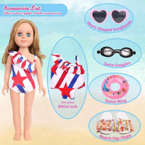 Miniatura 4 de MSYO Conjunto de traje de baño de playa de muñeca de 18 pulgadas, traje de baño patriótico de estrellas y rayas con lentes de sol, gafas