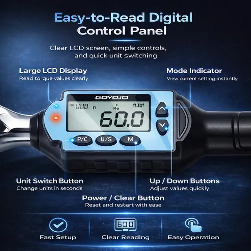 Miniatura 6 de GOYOJO Llave dinamométrica digital de 1/2 pulgada 7.37-73.76 ft-lb/10-100Nm, herramienta profesional de alta precisión para reparación