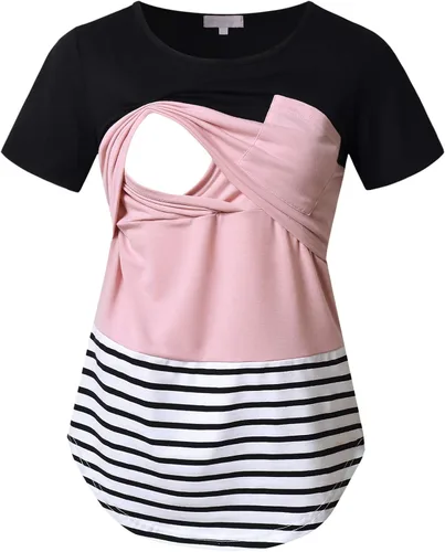 Miniatura 54 de Bhome Camiseta de lactancia con bloque de color de manga corta para lactancia materna camisa de embarazo con bolsillo