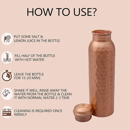 Miniatura 7 de Kamas Home Collection Botella de agua de cobre 100% puro hecha a mano Recipiente de agua de cobre extra grande de 34 onzas de 1 litera – Botella