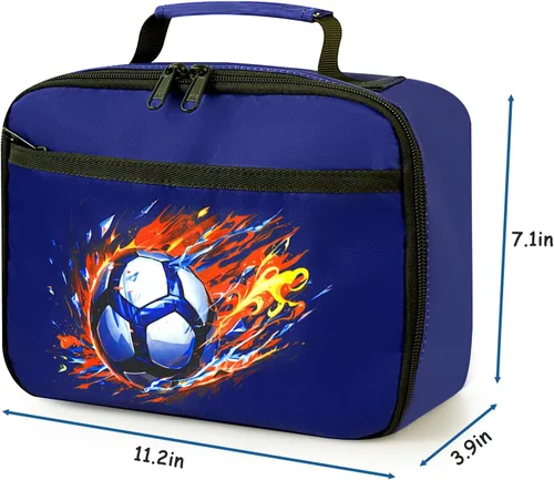Miniatura 7 de Lonchera para niños y niñas, con aislamiento, reutilizable, hielera para niños pequeños, escuela, guardería, picnic (pelota de fútbol, azul marino)