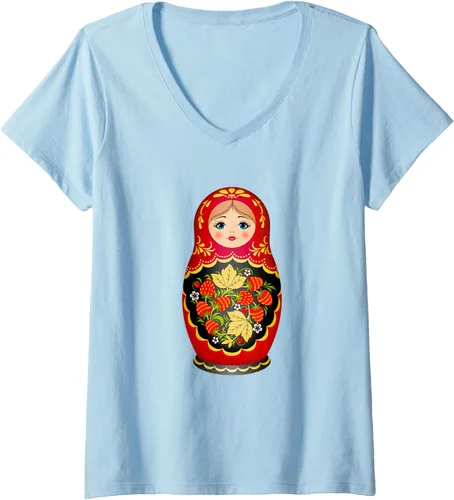 Miniatura 4 de Hermosa camiseta de Matryoshka Russian Strawberry Nesting Doll con cuello en V para mujer, Negro, S