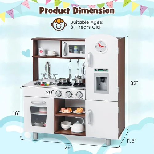 Miniatura 9 de HONEY JOY Juego de cocina para niños, cocina de madera para niños pequeños, utensilios de cocina, teléfono, reloj, dispensador de agua, gabinete