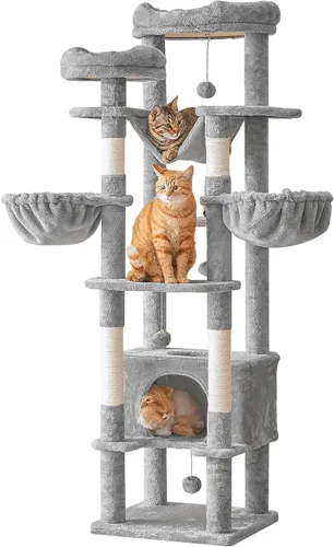Miniatura 11 de Árbol para gatos de 77 pulgadas de alto, torre grande de varios niveles para gatos con 4 hamacas, 2 perchas acolchadas, condominio para gatos, Beige