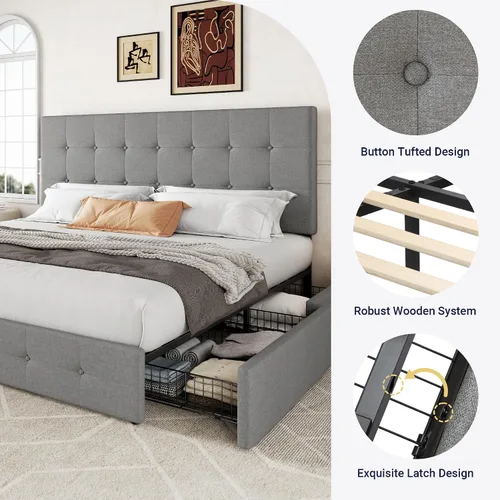Miniatura 6 de Allewie - Base de cama con plataforma de tamaño King totalmente tapizada, con 4 cajones de almacenamiento y cabecera, diseño cosido en cuadrados
