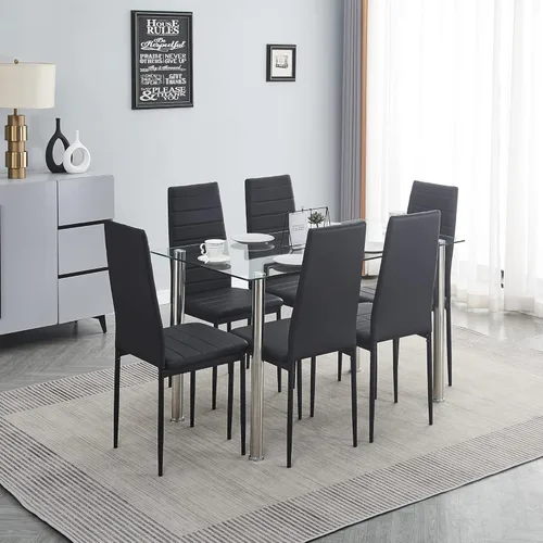 Juego de mesa y silla de comedor de 7 piezas, juego de mesa de comedor para 6 mesas de cocina con 6 sillas, mesa rectangular de vidrio con 6 sillas