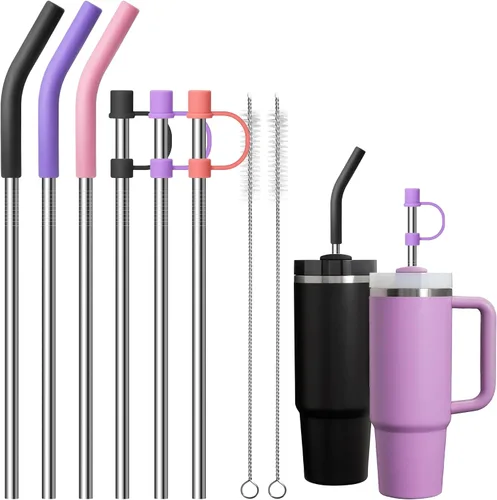 Pajitas de metal con puntas de silicona para vaso Stanley de 30 onzas, popotes reutilizables de acero inoxidable con cubierta para popote para vaso