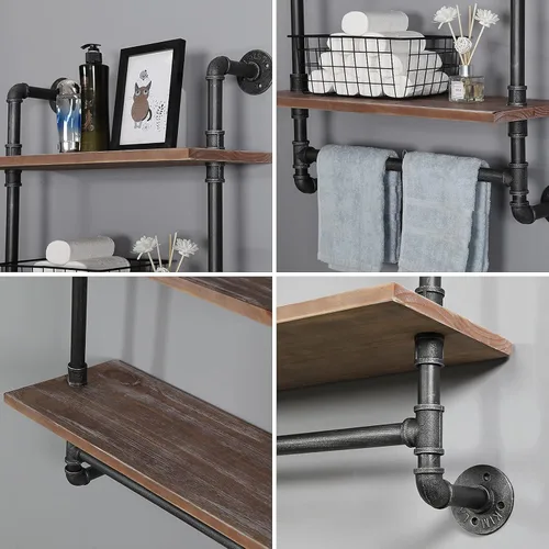 Miniatura 5 de Estante industrial de tubería para baño, estantes de pared montados en la pared, 2 niveles de 19.6 pulgadas de madera rústica, decoración flotante
