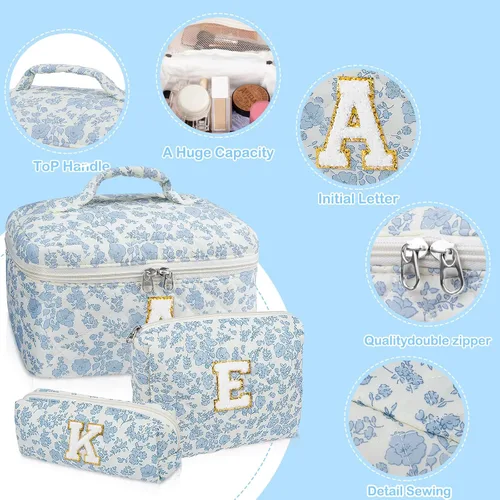 Miniatura 3 de Set de Bolso de Maquillaje Inicial Junesters, Bolso de Maquillaje Acolchado Personalizado, Bolso de Cosméticos Floral Grande para Mujeres, Bonitos