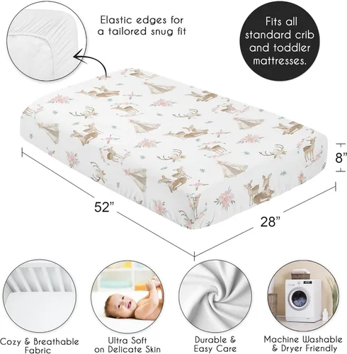 Miniatura 4 de Sweet Jojo Designs Sábanas ajustables para cuna (flores de ciervos del bosque) para niñas, guardería infantil, habitación de niños pequeños