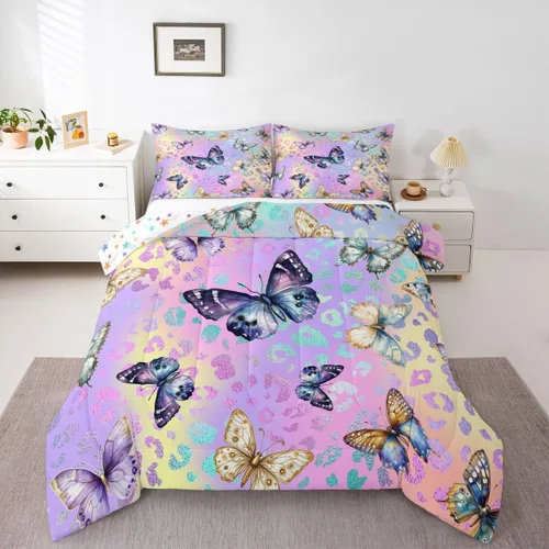 Miniatura 4 de Feelyou Juego de Edredón de Mariposas Coloridas Twin Patrón Impreso de Acuarela Arcoíris Ropa de Cama Acolchada para Dormitorio de Niñas Tie Dye