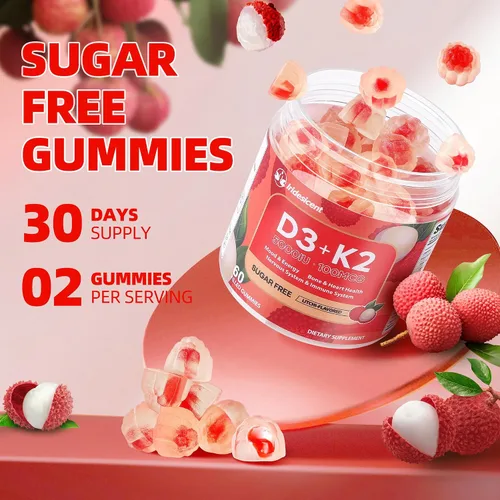 Miniatura 5 de Gomitas de vitamina D3 K2 con magnesio sin azúcar, 60 unidades Vitamina D3 5,000 UI + K2 (MK-7) 100 mcg - Suplemento de vitamina K2 D3 vegano