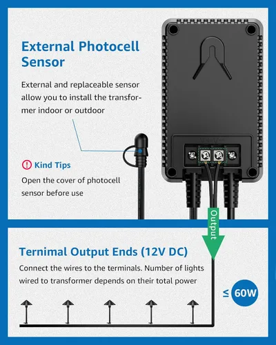 Miniatura 5 de SUNVIE Transformador de Paisaje de Bajo Voltaje de 60W con Temporizador y Sensor de Fotocélula, Transformador de Iluminación de Paisaje de 120V AC a