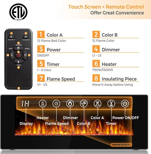 Miniatura 4 de ORALNER Chimenea eléctrica de 36 pulgadas, empotrada y montada en la pared con 12 efectos de llama, 5 brillo, control remoto y temporizador de 8