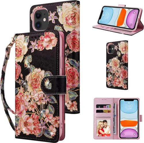 UEEBAI Funda tipo cartera para iPhone 11 de 6.1 pulgadas, piel sintética, con función atril, bloqueo RFID, ranuras para tarjetas, correa de muñeca,