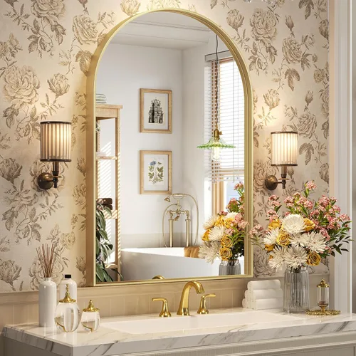 Miniatura 14 de Brightify - Espejo arqueado dorado de 24 x 32 pulgadas, espejo de pared con marco de metal de latón para baño, espejo arqueado superior para tocador