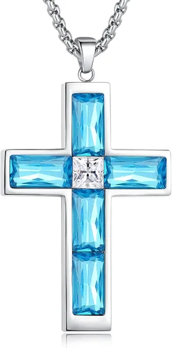 Miniatura 10 de Collar de cruz con piedra de nacimiento para hombre, collar de cruz de acero inoxidable 316L con colgante de cruz de circonia cúbica para mujer