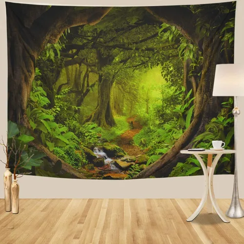 Miniatura 2 de Tapiz de bosque brumoso, árbol de la vida, tapiz de fantasía, paisaje, naturaleza, decoración de pared, selva tropical, selva, bosque, tapiz