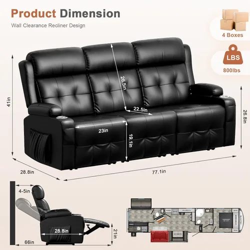 Miniatura 2 de Sofá Reclinable Loveseat para RV, Sofá Reclinable de Masaje de 3 Asientos Abrazador de Pared con USB, Bolsillos Integrados, Portavasos, Sofás Cama