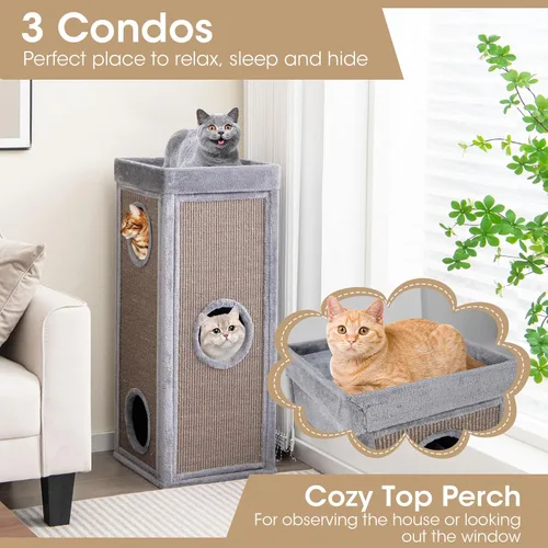 Miniatura 8 de Tangkula Condominio de árbol para gatos de 4 pisos, casa para gatos multicapa de 39 pulgadas con almohadilla de sisal para rascar, 3 escondites