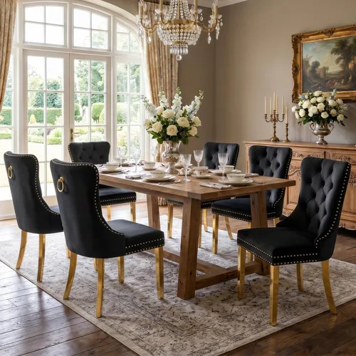 Miniatura 3 de SoarFlash Juego de 6 Sillas de Comedor de Terciopelo, Sillas de Comedor Tapizadas con Mechones, Ribete de Tachuelas y Patas Chapadas en Oro Sólido