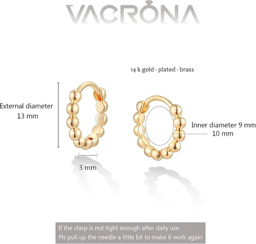 Miniatura 6 de VACRONA - Aretes tipo arracada de aro para mujer, chapados en oro de 14 quilates, diseño de Huggie