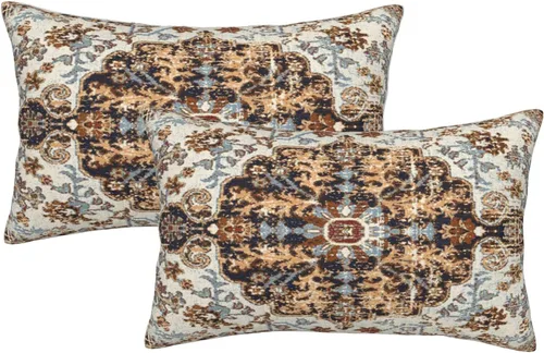 Miniatura 25 de Juego de 2 fundas de almohada bohemias de 20 x 20 pulgadas, fundas de cojín con patrón de alfombra, color amarillo mostaza y azul, diseño étnico