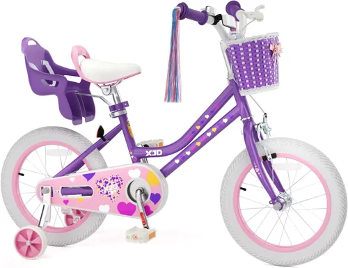 Miniatura 14 de XJD Bicicleta para niñas de 2 a 12 años, bicicleta para niños de 12, 14 y 16 pulgadas, con ruedas de entrenamiento, serpentinas, cesta y asiento