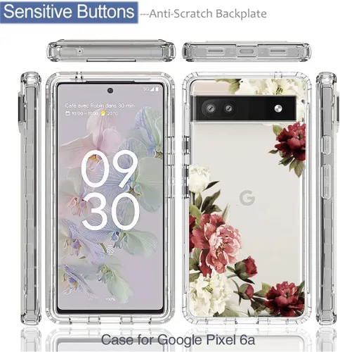 Miniatura 5 de Funda para Google Pixel 6A, diseño floral, protector de pantalla de vidrio templado transparente, funda protectora de cuerpo completo