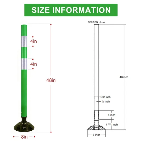Miniatura 7 de OrangeStar Paquete de 8 conos de tráfico de 48 pulgadas con base de resorte, postes de delineador verdes con rayas reflectantes para seguridad vial