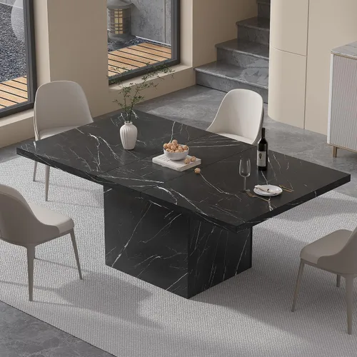 Miniatura 3 de HSH Mesa de comedor de 55 pulgadas para 4, moderna mesa de comedor de mármol sintético negro, mesa de cocina rectangular con pedestal resistente