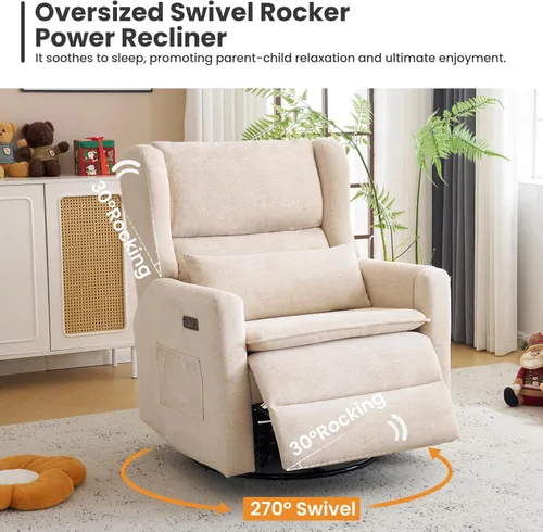 Miniatura 3 de Oversized Swivel Rocker Recliner with Lumbar Cushion,Power Recliner Nursery Chair with Adjustable Headrest,Nursery Glider Recliner for Living Beige