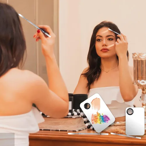 Miniatura 6 de Juego de 2 paletas de mezcla de maquillaje, paleta de maquillaje de acero inoxidable con espátula profesional para maquilladores, adecuada
