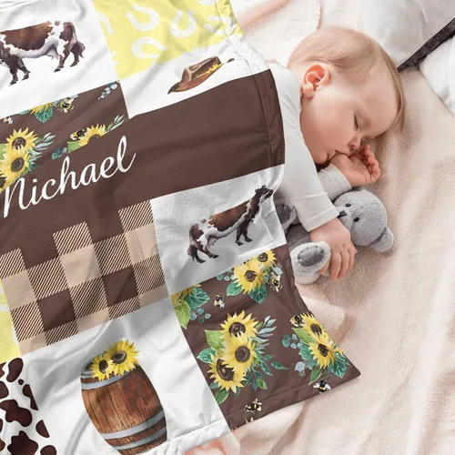 Miniatura 3 de Juego de ropa de cama personalizado para cuna para bebé, juego personalizado para niña con nombre, ropa de cama de guardería de vaca de granja