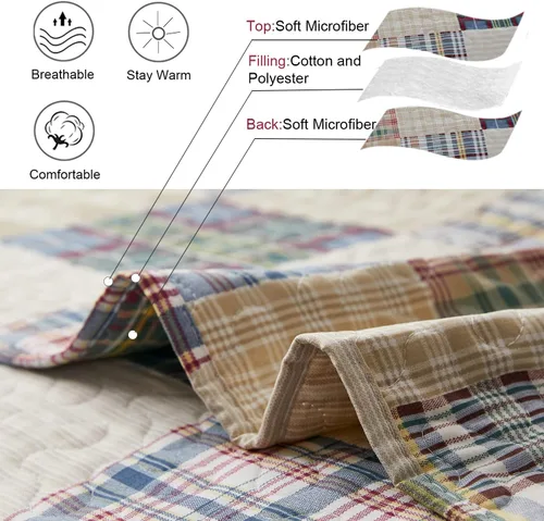 Miniatura 3 de Juego de colcha a cuadros Ycosy, color beige, tamaño king, ropa de cama de retazos, colcha reversible, colcha a cuadros, colcha ligera, suave, juego