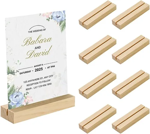 Miniatura 2 de 8 soportes de madera para tarjetas de lugar de madera natural, soporte de números de mesa de madera para colocar tarjetas, soporte para fotos