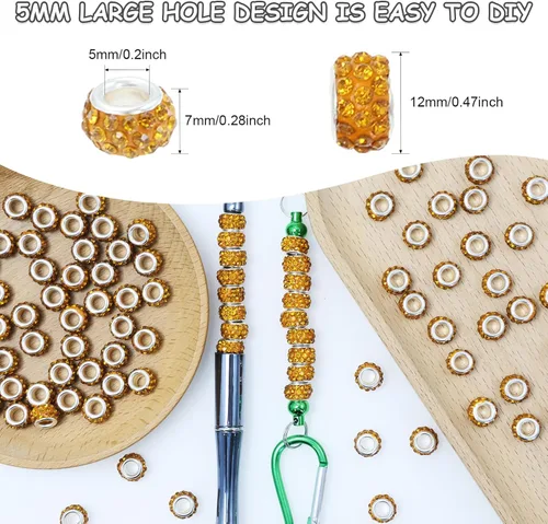 Miniatura 3 de Decoendiy 100 cuentas europeas de diamantes de imitación, cuentas espaciadoras sueltas de arcilla con agujeros grandes, cuentas espaciadoras sueltas
