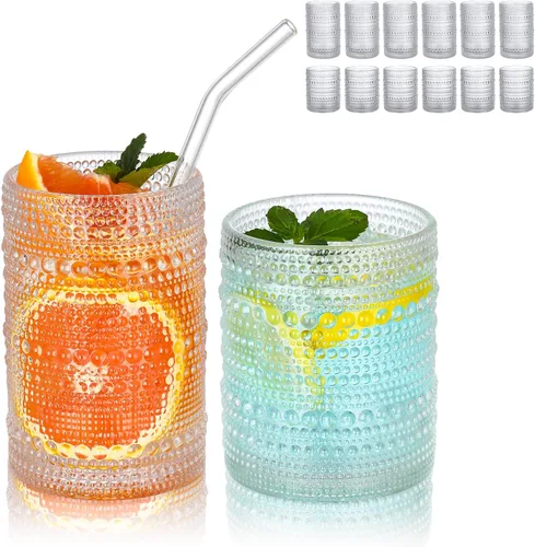 HomeVogue Hobnail - Juego de 12 vasos para beber, 12 oz y 15 oz, juego de cristalería vintage, juego de vasos de cóctel, vaso de agua transparente