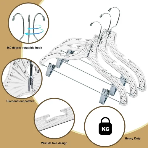 Miniatura 4 de Perchas de Plástico Transparente de Calidad para Faldas - Paquete de 24 Perchas de Plástico Duradero de Corte Cristalino para Pantalones y Vestidos