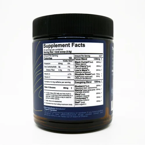 Miniatura 3 de Mezcla de polvo energizante One Farm con grosella negra orgánica USDA, matcha, melena de león, cordyceps, rodiola y más en un frasco de vidrio