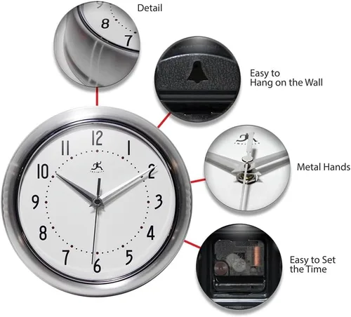 Miniatura 6 de Infinity Instruments LTD. Reloj de pared decorativo estilo retro, 9 pulgadas silencioso, para cocina o comedor, estilo moderno de mediados de siglo