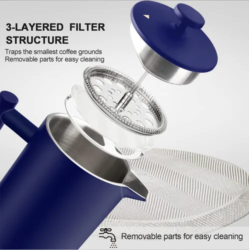 Miniatura 4 de Secura Cafetera de Prensa Francesa, Prensa de Café de Acero Inoxidable de Doble Pared Grado 304 con 2 Filtros Adicionales, 34 oz (1L), Azul