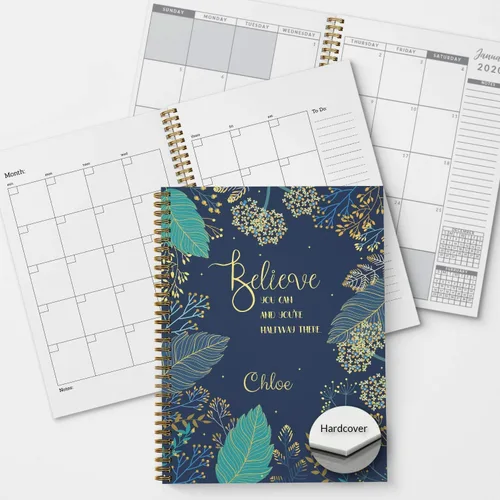 Believe You Can - Planificador y organizador personalizado de tapa dura mensual y semanal, 1 año completo, enero-diciembre con fecha u opción sin