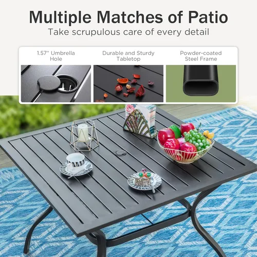 Miniatura 9 de PHI VILLA Mesa de comedor para exteriores de 37 pulgadas, con listones de acero metálico, mesa de comedor cuadrada para patio con agujero para Negro