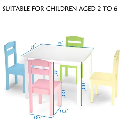 Miniatura 7 de LDAILY Moccha - Juego de sillas de mesa de madera para niños, mesa colorida y 4 sillas con respaldo, mesa de comedor para niños, juego de sillas