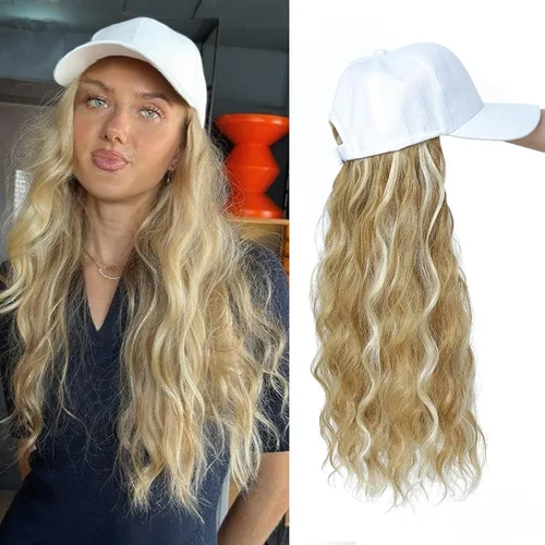 Miniatura 10 de Gorra de béisbol con peluca de cabello largo ondulado natural, con gorra, resistente al calor, mezcla sintética marrón rubio, fibras ajustables